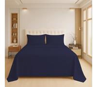 Luxury Flat Sheet Polycotton Plain Dyed Easy-care Non-Iron Bedsheets Parcale Wrinkle-resistant polycotton fabric (50% cotton 50% polyester) (Navy, Double)