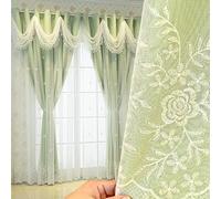 Luxury Floral Double Layer Curtains for Living Room - Embroidered Wavy Valance Green Color 66 x 90 Inch - Elegant Home Decor for Privacy and Style