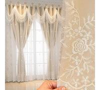 Luxury Floral Embroidered Double Layer Curtains - 1 Pair Beige Living Room Drapes with Wavy Valance 66 x 90 Inch Elegant Window Treatment for Home Décor