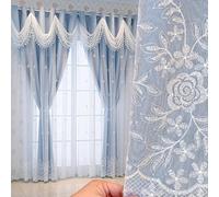Luxury Floral Embroidered Double Layer Curtains for Living Room Wavy Valance 66 x 90 Inch Elegant Blue Drapes Perfect for Home Décor and Light Control
