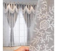 Luxury Floral Embroidered Double Layer Curtains for Living Room Wavy Valance Grey 66 x 90 Inch - Elegant Home Decor Room Darkening Fabric