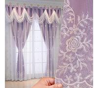 Luxury Floral Embroidered Double Layer Curtains Wavy Valance for Living Room Purple 66x90 Inch Elegant Window Treatment Stylish Home Décor Soft Fabric
