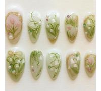 Luxury Floral Vintage Botanical Almond-Shape Press on Nails with Pearl and Crystal Accent - Pink Green White False Nails Set for Easy Application, Manicures, Party, Wedding, Art Design and Daily Wear