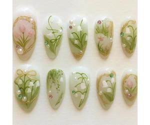 Luxury Floral Vintage Botanical Almond-Shape Press on Nails with Pearl and Crystal Accent - Pink Green White False Nails Set for Easy Application, Manicures, Party, Wedding, Art Design and Daily Wear