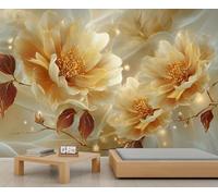 Luxury Floral Wall Mural European Relief Flower Murals Shining Pearl Flowers Mural 3D Golden Floral Wallpaper for Living Room Not Peel and Stick Murals for Bedroom 400 x 280 cm