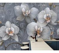 Luxury Floral Wall Mural Wallpaper, Phalaenopsis Orchid Swirl Grass Pattern Panoramic Wallpaper for TV Backdrop, Large Wall Mural for Living Room Bedroom Office Decoration, 200 x 140cm (W x H)