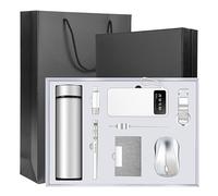 Luxury Gift Set for Fathers Day,Birthdays,Corporate Gifts, with LED Thermos Flask, Pen, USB Flash Drive, Power Bank, Computer Mouse, Key Chain, Card Holder & Book Mark (Silver)