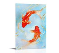 Luxury Gilded Wall Art, Chinese Golden Wave Double Carp Koi Fish Hanging Paintings Poster, Aesthetic Canvas Wall Artwork for Indoor Living Space Decoration 08x12inch(20x30cm)