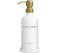 Luxury Glass Dish Soap Dispenser for Kitchen Sink by Brighter Barns - Modern Kitchen Soap Dispenser Set - Refillable Glass Pump Bottle and Tray - White and Gold Home Decor and Accessories, Gift (Gold)