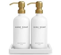 Luxury Glass Hand and Dish Soap Dispenser Set by Brighter Barns - White and Gold Kitchen Accessories & Decor (Gold) with Tray for Sink