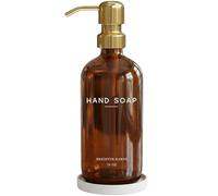Luxury Glass Hand Soap Dispenser Bathroom Set by Brighter Barns - Refillable Liquid Hand Soap Dispenser Set for Kitchen - Gold Bathroom Decor and Accessories for Airbnb, Spa, Hotel, Gifts (Amber/Gold)