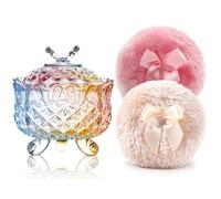 Luxury Glass Powder Container with 2 Plush Puffs｜Non-Sealed Refillable Organizer for Body Powder, Makeup & Jewelry｜Setting Powder Applicator w/Loose Powder Storage, 1 Beige 1 Pink Bow Puffs with