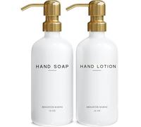 Luxury Glass Soap and Lotion Dispenser Set by Brighter Barns - Liquid Soap Dispenser Bathroom Set - White and Gold Bathroom Accessories for Vacation Rental, Airbnb, Hotel, Wedding Gift (Gold)