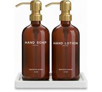 Luxury Glass Soap and Lotion Dispenser Set with Tray by Brighter Barns - Hand Soap Dispenser Bathroom Set w/Stainless Steel Pump - Gold Bathroom Decor for Guest House, Airbnb, Spa, Gift (Amber/Gold)