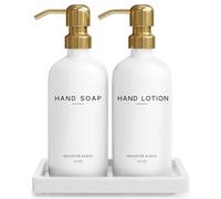 Luxury Glass Soap and Lotion Dispenser Set with Tray by Brighter Barns - Hand Soap Dispenser Bathroom Set & Stainless Steel Pump for Home or Airbnb - White and Gold Bathroom Accessories & Decor (Gold)