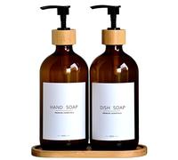 Luxury Glass Soap Dispenser Set - 2 Refillable 16.9oz Bottles, Bamboo Pump & Tray for Farmhouse & Modern Decor, 9 Waterproof Labels for Kitchen/Bathroom (Amber Bottle+Black Bamboo Pumps+Tray)