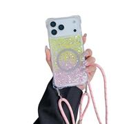Luxury glitter sequin gradient magnetic case for iPhone,wireless charge crystal diamonds shiny cover with lanyard for iPhone17-11all series (Pink-Yellow,foriPhone 16Pro)