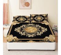 Luxury gold chain flowers Pattern Fitted Sheet - black Art Soft Microfiber Breathable Bedding Set with 2 Pillowcases 50 x 75 cm, King Size Print Deep Pocket Fitted Sheet