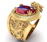 Luxury Gold Color Dragon Pattern Men Rings Inlaid Big Oval Red Stone Wedding Party Finger Rings Male Trendy Jewelry 13 Red