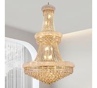 Luxury Gold Crystal Chandelier - Large Empire Style Pendant Lamp with Sphere Raindrop, E14 Base Hanging Fixture for High Ceilings, Ideal for Living Room, Foyer, Stairwell, Hotel Decor