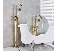 Luxury Gold Floor Mounted Bathtub Faucet SetSingle Handle Shower Mixer Tap with Handheld Shower for Modern Bathroom Free Standing Design Gold Finish LWX