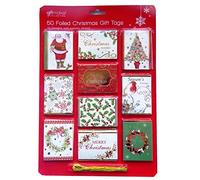 Luxury Gold Foiled Colourful Christmas Gift Tags - Seasonal - Pack of 50 - 10 Assorted Designs with Metallic Gold Thread