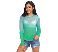 Luxury Gold Nature Green Mesh Long Sleeve, See Through Mesh Top, Long Sleeve Party Tops, Abstract Green Blue Blurred Gradient, M
