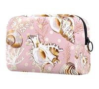 Luxury Gold Shell and Coral Cosmetic Bag for Women, Travel Toiletries Bags Large Makeup Handy Pouch Organiser Bag with Zipper