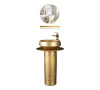 Luxury Golden Sink, 3-Pieces Column Basin, Floor Standing Vanity Sink Combo with Faucet, Drain and Mirror(Color:A) (D One Size)