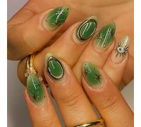 Luxury Gradient Green Almond False Nails with Gold Accents & 3D Floral Design - 24Pcs French Tip Press-On Glue On Nails Set with Metallic Beads & Glossy Finish for Women, Short Almond Shape