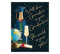 Luxury Graduation Card for Grandson, Gold Foil Design with Champagne and Globe Motif
