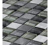Luxury Grey, Silver & Ivory Glass & Brushed Steel Mosaic Wall Tile Sheet 8mm