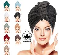 LUXURY Hair Towel Wrap 100% Cotton, Instant Drying Lightweight Turban Cap Super Quick Absorbent Anti-Frizz Twist Toweling Dry Hat with Button Loop for Long Curly Hairs, 62CM x 23CM Silver Grey Single