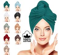 LUXURY Hair Towel Wrap 100% Cotton, Instant Drying Lightweight Turban Cap Super Quick Absorbent Anti-Frizz Twist Toweling Dry Hat with Button Loop for Long Curly Hairs, 62CM x 23CM Teal Single