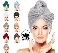 LUXURY Hair Towel Wrap 100% Cotton, Instant Drying Lightweight Turban Cap Super Quick Absorbent Anti-Frizz Twist Toweling Dry Hat with Button Loop for Long Curly Hairs, 62CM x 23CM Silver Pair
