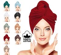 LUXURY Hair Towel Wrap 100% Cotton, Instant Drying Lightweight Turban Cap Super Quick Absorbent Anti-Frizz Twist Toweling Dry Hat with Button Loop for Long Curly Hairs, 62CM x 23CM Red Pair
