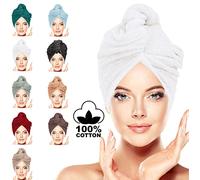 LUXURY Hair Towel Wrap 100% Cotton, Instant Drying Lightweight Turban Cap Super Quick Absorbent Anti-Frizz Twist Toweling Dry Hat with Button Loop for Long Curly Hairs, 62CM x 23CM White Pair