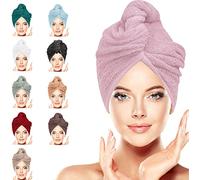LUXURY Hair Towel Wrap 100% Cotton, Instant Drying Lightweight Turban Hair Cap Super Quick Absorbent Anti-Frizz Twist Toweling Dry Button Loop for Long Curly Hairs, 62CM x 23CM (Lavender, Pack of 2)