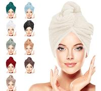LUXURY Hair Towel Wrap 100% Cotton, Instant Drying Lightweight Turban Hair Cap Super Quick Absorbent Anti-Frizz Twist Toweling Dry Hat Button Loop for Long Curly Hairs, 62CM x 23CM (Cream, Pack of 2)
