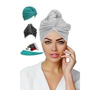 Luxury Hair Towel Wrap Quick Magic Dry Towelling Hair Turban Hat 100% Cotton Water Absorbent Drying Caps with Loop and Button Fastener- Size 62x23cm Pack of 2 - Silver