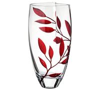 Luxury Hand Blown Glass Vase - Decorated with Etched, Painted Leaves - Gift Box - Clear Unique Shape Vase Centerpiece for Home Decor- 29 cm (11.4 in) (Red)