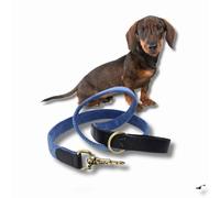 Luxury Handcrafted Dog Lead, Marine Blue Cord & Black Leather for Small Dogs & Puppies, Made in UK, Vegetable-Dyed Italian Leather and Wide Wale Corduroy, Designer Pet Leash (Small)