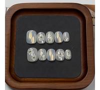 Luxury Handmade Press On Nails Fresh Style Short Square Oval Chrome White Corrugated Embossed Flowers Handmade Painted Nail Art Reusable Acrylic False Nails Manicure Kits for Women
