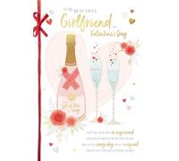 Luxury Handmade Valentine's Day Card 'To My Beautiful Girlfriend' Gold Foil Embossed Champagne And Flowers Design by Wishing Well Studios, 7 X 10 Inches