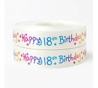 Luxury Happy 18th Birthday Ribbon White & Multi Colour Satin 2m x 25mm for Cakes, Cakes Gift Wrap Wrapping Ribbon Cards Decorations Craft