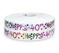 Luxury Happy 40th Birthday Ribbon White & Multi Colour Satin 2m x 25mm for Cakes, Cakes Gift Wrap Wrapping Ribbon Cards Decorations Craft