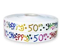 Luxury Happy 50th Birthday Ribbon - White & Multi Colour Satin, 2m x 25mm for Cakes, Gift Wrap, Wrapping, Decorations, Craft