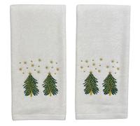 Luxury Holiday Christmas Hand Towels, Embroidered Holiday Trees Under The Stars, Velour Terry Cotton, White, Set of 2