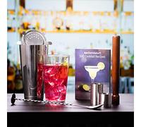 Luxury Home Cocktail Set with Book by bar@drinkstuff | Cocktail Gift Set with Boston Cocktail Shaker Tin & Glass, Cocktail Book, Hawthorne Cocktail Strainer, Muddler, Twisted Mixing Spoon, 25ml & 50ml Thimble Bar Measure