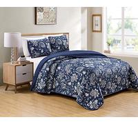 Luxury Home Collection 2 Piece Twin/TwinXL Quilted Reversible Coverlet Bedspread Set Floral Printed Navy Blue White Gray